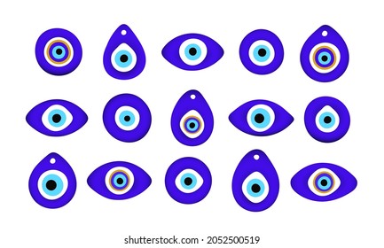 Blue oriental evil eye symbol amulet flat style design vector illustration set isolated on white background. Greek or turkish nazar protection talisman.