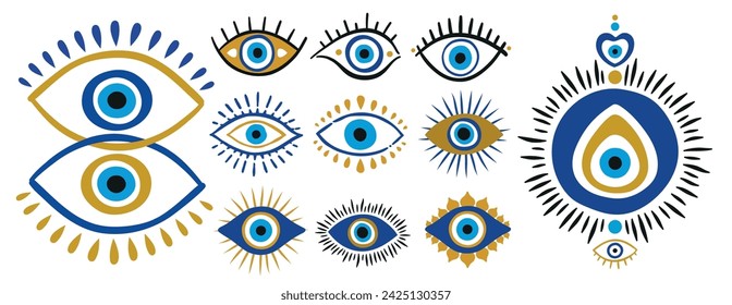 Blue oriental evil eye symbol amulet.Flat style design vector illustration set isolated on white background. Greek or Turkish Nazar protection talisman