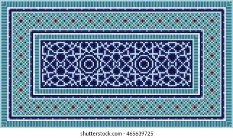 Blue oriental mosaic rug with traditional folk geometric pattern. Carpet border frame pattern. Vector 10 EPS illustration. 