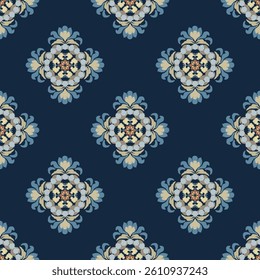Blue oriental vector ikat damask pattern. Talavera pottery. Azulejos, Portugal. Turkish ornament. Spanish porcelain. Ethnic background. Mediterranean wallpaper. Talavera pottery.