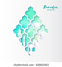 Blue Origami arabesque Mosque Window Ramadan Kareem Greeting card with arabic pattern. Holy month of muslim. Crescent Moon. Symbol of Islam. Applique Design Vector illustration.