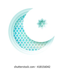 Blue Origami Crescent Moon Mosque Window Ramadan Kareem Greeting card with arabic arabesque pattern. Holy month of muslim. Symbol of Islam. Applique Vector illustration.