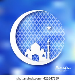 Blue Origami Crescent Moon with Mosque. Ramadan Kareem Greeting card with arabic arabesque pattern. Holy month of muslim. Symbol of Islam. Applique Vector illustration.