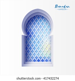 Blue Origami Mosque Window Ramadan Kareem Greeting card with arabic arabesque pattern. Holy month of muslim. Symbol of Islam. Moon Ramadan. Applique Vector illustration.