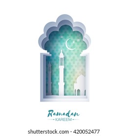 Blue Origami Mosque Window Ramadan Kareem Greeting card with arabic arabesque pattern. Holy month of muslim. Symbol of Islam. Crescent Moon Ramadan. Applique Vector illustration.