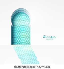 Blue Origami Mosque Window Ramadan Kareem Greeting card with arabic arabesque pattern. Holy month of muslim. Symbol of Islam. Moon Ramadan. Applique Vector illustration.