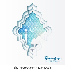 Blue Origami Mosque Window Ramadan Kareem Greeting card with arabic arabesque pattern. Holy month of muslim. Symbol of Islam. Crescent Moon Ramadan. Applique Vector illustration.