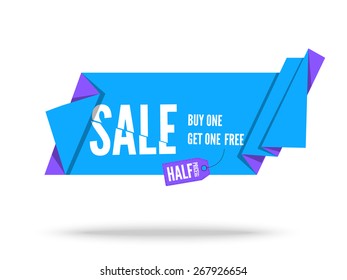 Blue Origami paper ribbon for sale. Vector flat banner design for advertising