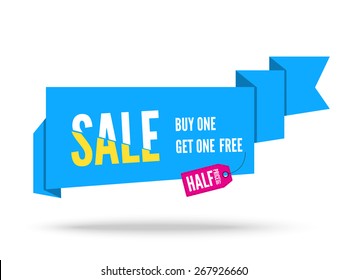 Blue Origami paper speech bubble for sale. Vector ribbon banner design for advertising