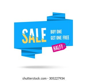 Blue Origami paper speech bubble wiht pink tag for sale. Vector ribbon banner design for advertising
