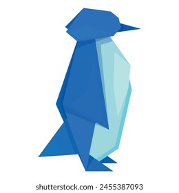 Blue origami penguin oriental art craft paper figure side view isometric vector illustration. Winged North nature wild animal bird with beak triangle geometric folded shape colored decorative toy