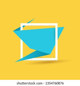 Blue origami speech bubble or banner isolated on orange background. Ribbon banner, scroll, price tag, sticker, badge, poster. Vector cover design template