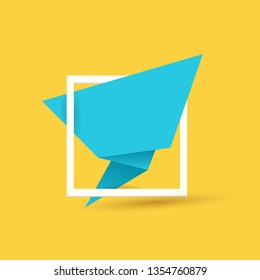 Blue origami speech bubble or banner isolated on orange background. Ribbon banner, scroll, price tag, sticker, badge, poster. Vector cover design template