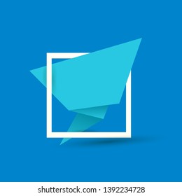 Blue origami speech bubble or banner isolated on blue background. Ribbon banner, scroll, price tag, sticker, badge, poster. Vector cover design template