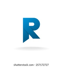 Blue origami wide paper ribbon style letter R logo. Overlay parts with shadow.