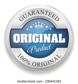 Blue original badge with silver border on white background