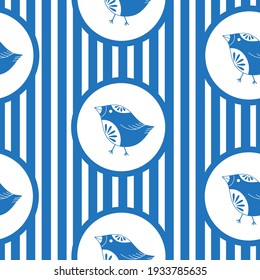 blue ornament birds on white background with blue line seamless pattern