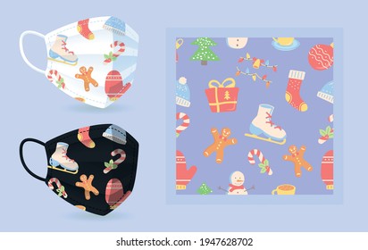 Blue ornament for Christmas festivity face mask mockup with modern abstract seamless pattern. Flat vector shapes. Texture with trendy cartoon color icons. Decorative design with graphic elements
