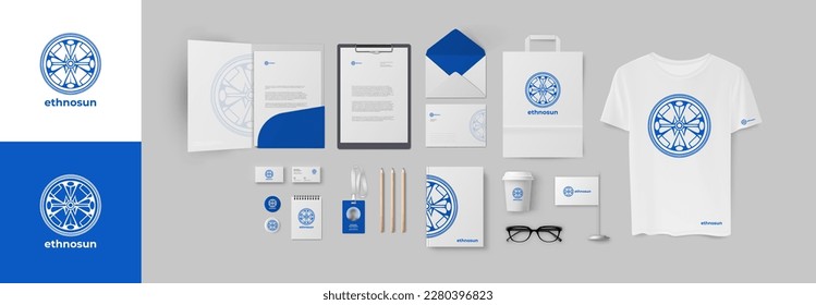 Logo de color azul y diseño de marca corporativa con membrete A4, carpeta, sobre y tarjeta de visita. Diseño de artículos de papelería de primera calidad para empresas o tiendas modernas, marca ecológica o mercado