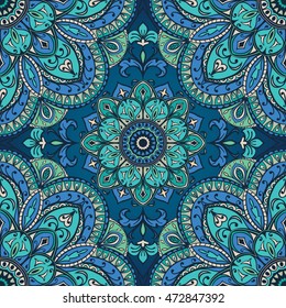 Blue ornament of mandala. Template for carpet, shawl, textile, fabric, wallpaper. Oriental seamless ornament. 