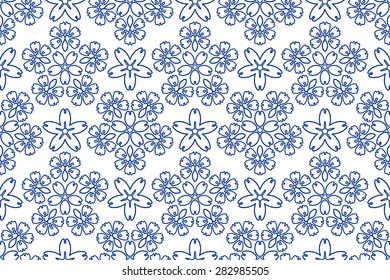 Blue ornament seamless pattern with stroke flowers