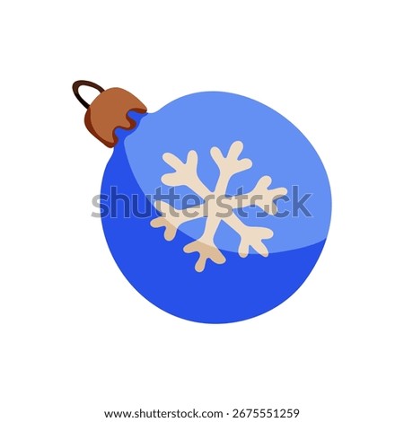 A blue ornament with a snowflake on it. The snowflake is white and has three points