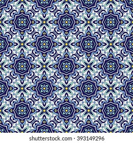 Blue ornament traditional Portuguese azulejos. Oriental seamless pattern imitating the sky-blue glazed ceramic tiles, majolica. Azulejos for fabrics, prints, t-shirts, bags, wrapping paper.