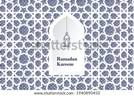Blue ornamental arabic tiles, pattern through white mosque window and hanging lantern. Greeting card, invitation for Muslim holiday Ramadan Kareem. Vector illustration bacground, web banner.