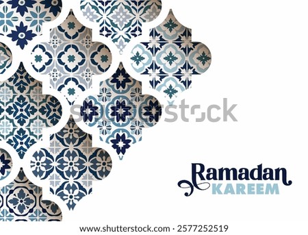 Blue ornamental arabic tiles, patterns through white mosque window. Greeting card, poster, invitation for Muslim holiday Ramadan Kareem. Vector illustration bacground, modern web banner.