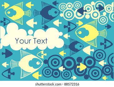 blue ornamental background with decorative fish and text