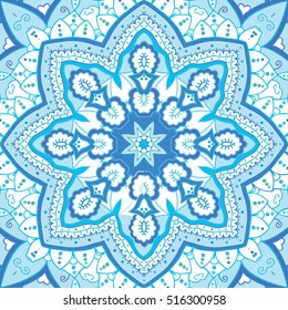 Blue ornamental background with round pattern. Mandala design. Vector art