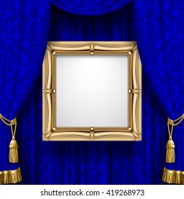 Blue ornamental curtain background with a suspended gold classic frame. Square presentation artistic poster and placard. Vector illustration