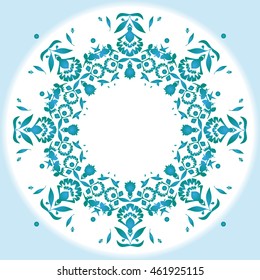 Blue ornamental frame in eastern style. Vector vintage border frame  with floral ornament pattern in ethnic style decorative design