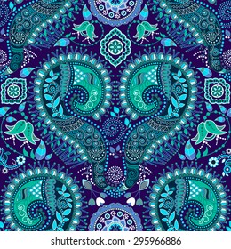 Blue ornamental Paisley pattern, lace floral decorative background. Design for textile, wallpaper, shawl