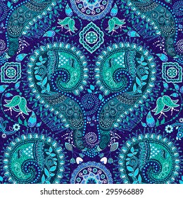 Blue ornamental Paisley pattern, lace floral decorative background. Design for textile, wallpaper, shawl