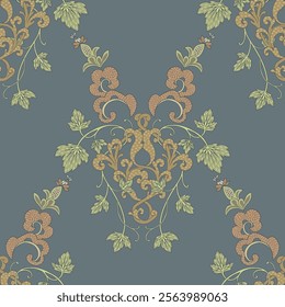 Blue ornamental pattern. Seamless plant pattern.