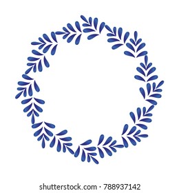 blue ornamental round frame, Decorative leaves circle vector. Abstract floral ornament border, porcelain pattern design. China blue and white