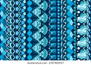 Padrão azul ornamental sem costura com listras verticais de elementos de doodle.