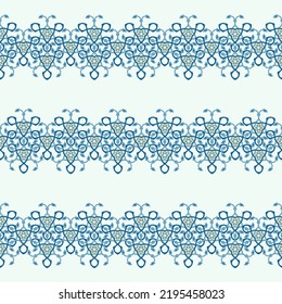 Rayas ornamentales azules patrón vectorial sin fisuras sobre fondo blanco. Ornamento étnico tradicional con motivos indios, turcos, árabes, judíos y ucranianos. Bien por papel pintado, cerámica, textil, tela.