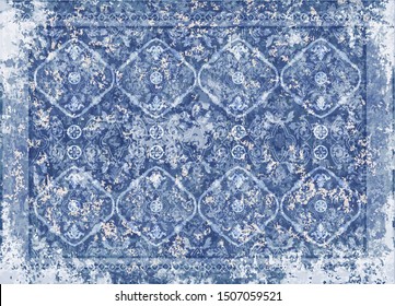 Blue ornamental vector design for rug, tapis, blanket, shawl.  Geometric ethnic template. Arabian ornamental carpet with decorative elements. Persian abstract folk design. Aging effect