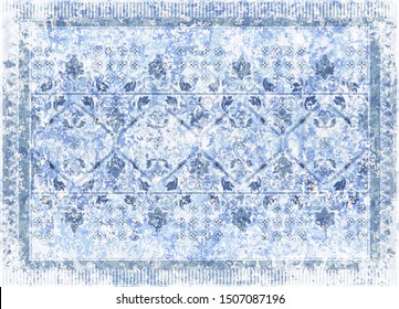 Blue ornamental vector design for rug, tapis, blanket, shawl.  Geometric ethnic template. Arabian ornamental carpet with decorative elements. Persian abstract folk design. Aging effect