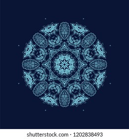 Blue ornamental vector rosette - snowflake on dark background