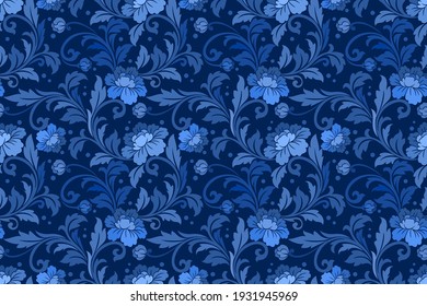 Blue ornate damask flower ornament seamless pattern. This seamless pattern is suitable for fabrics, textiles, gift wrapping, wallpaper, background, backdrop.