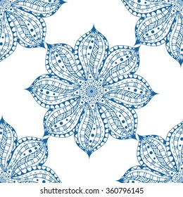 Blue Ornate, eastern mandalas seamless pattern. Vector, round, isolated on a white background.