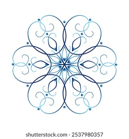 Blue ornate elegant snowflake on white background. Lace of delicate swirl. Round floral lacy design element for winter mood. Elegant snowflake with six beams. Graceful frosty winter mandala.