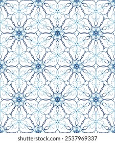 Blue ornate elegant snowflakes seamless pattern. Lace of delicate swirl. Frosty floral lacy design element for winter mood. Elegant winter background. Graceful refined winter mandala ornament.