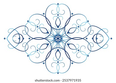 Blue ornate elegant snowflakes seamless border. Lace of delicate swirl. Oval floral lacy design element for winter mood. Elegant snowflakes with six beams. Graceful refined winter mandala ornament.