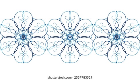 Blue ornate elegant snowflakes seamless border. Lace of delicate swirl. Round floral lacy design element for winter mood. Elegant snowflakes with six beams. Graceful refined winter mandala ornament.