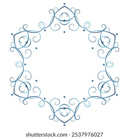 Blue ornate elegant winter frame without text. Lace of delicate swirl. Round floral lacy design element for winter mood. Elegant snowflake with six beams. Graceful refined winter mandala.