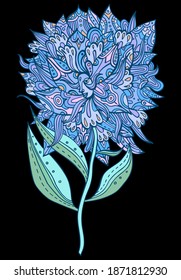 Blue ornate flower with a face. Fairytale floral princess, goddess. Tribal boho tattoo. Vector coloring page. Woman's face surrounded by flower petals and ornaments.